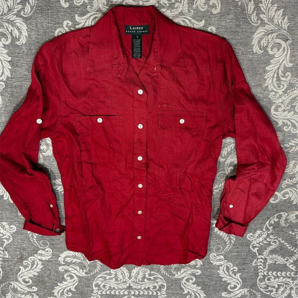 Lauren Ralph Lauren Women's Red Linen Button-Up Shirt Size S Casual